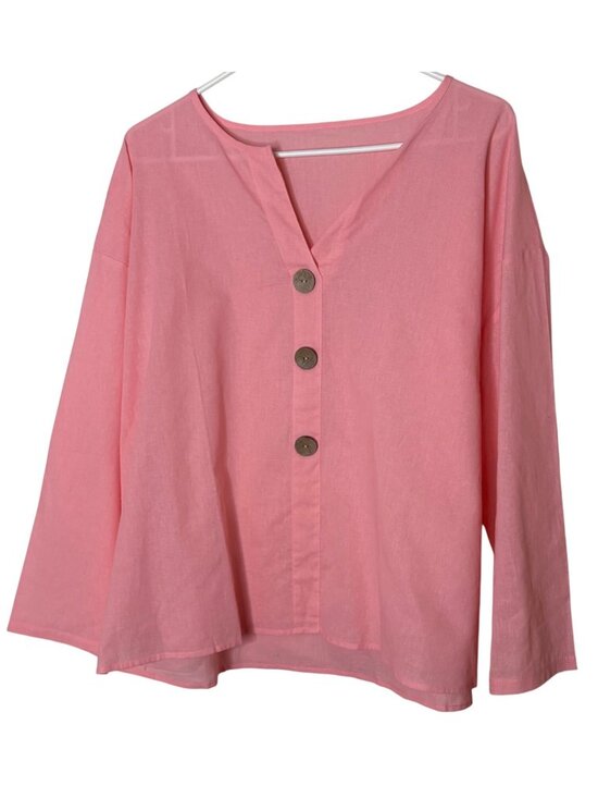 Women's 100% Linen Button Front Blouse Pink V Neck 3/4 Sleeve Relaxed Fit Large - Picture 2 of 5